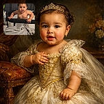 A chubby baby with curly hair and tiny earrings is standing in a playpen, gripping the edge with determination and curiosity, surrounded by a cozy indoor setting with soft blankets and muted lighting.