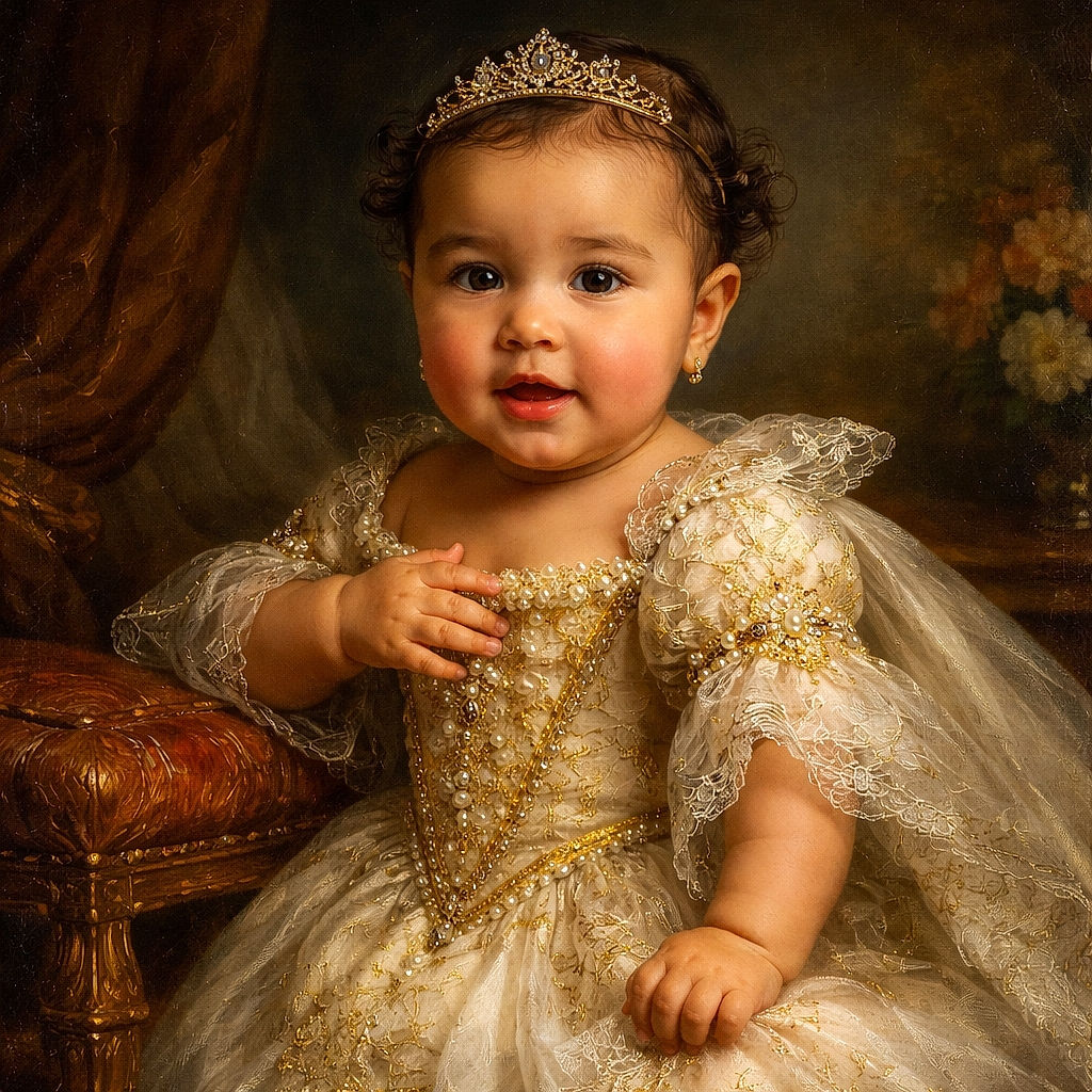 A chubby baby with curly hair and tiny earrings is standing in a playpen, gripping the edge with determination and curiosity, surrounded by a cozy indoor setting with soft blankets and muted lighting.