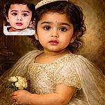 A close-up portrait of an adorable young child with big expressive eyes, wearing a fancy cream-colored dress adorned with floral embellishments and a small decorative headpiece. The child looks thoughtful and slightly curious, with a soft blurred background enhancing the focus on the face.