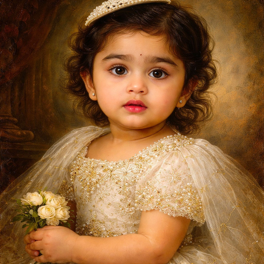 A close-up portrait of an adorable young child with big expressive eyes, wearing a fancy cream-colored dress adorned with floral embellishments and a small decorative headpiece. The child looks thoughtful and slightly curious, with a soft blurred background enhancing the focus on the face.