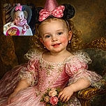 A joyful toddler wearing a sparkly party hat with mouse ears and a big pink bow sits in a high chair, grinning widely while enjoying a snack of chips, sandwich, and a pink sippy cup with a cow topper on the tray.