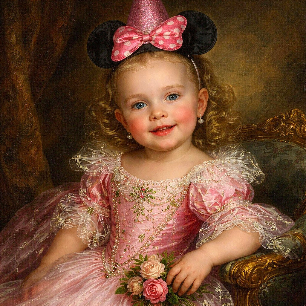 A joyful toddler wearing a sparkly party hat with mouse ears and a big pink bow sits in a high chair, grinning widely while enjoying a snack of chips, sandwich, and a pink sippy cup with a cow topper on the tray.