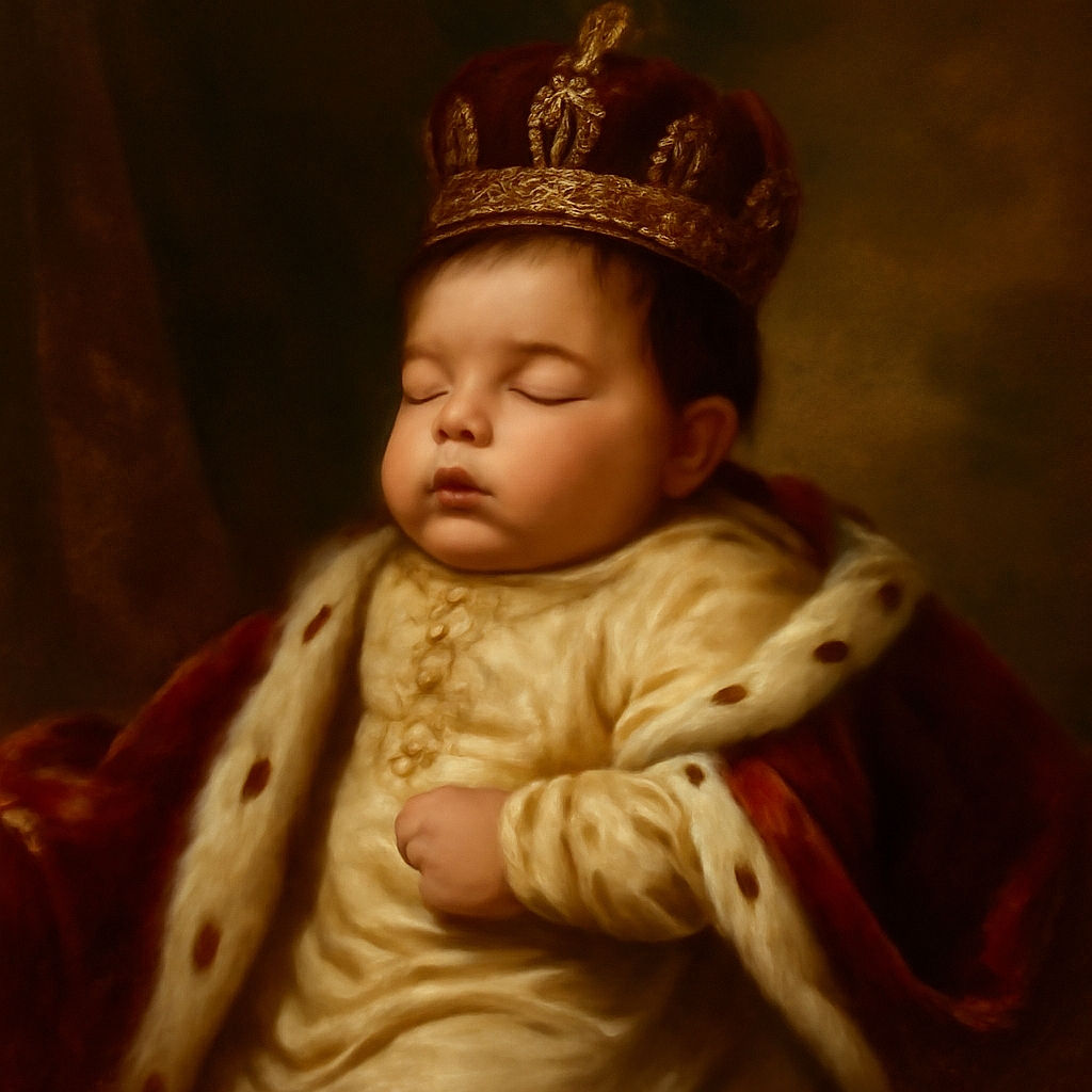 A yawning baby lies on a colorful pink blanket surrounded by two plush toys, one gray elephant and one white bear with a blue bowtie, creating a cozy and adorable scene.