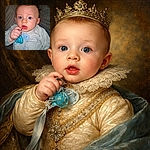 A wide-eyed baby clutching a blue pacifier with a surprised expression, dressed in a cozy light-colored onesie, sitting against a textured fabric background.
