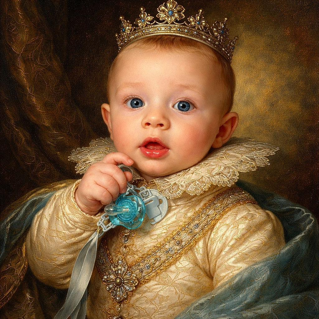 A wide-eyed baby clutching a blue pacifier with a surprised expression, dressed in a cozy light-colored onesie, sitting against a textured fabric background.