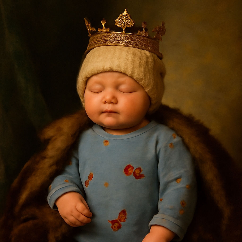 A peaceful sleeping baby bundled in a cozy blue outfit adorned with playful fox prints and topped with a snug knit hat, nestled among soft blankets and pillows with warm, comforting colors.