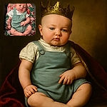 A chubby-cheeked baby in a mint green romper sits comfortably on a floral-patterned cushion, looking curiously at the camera with soft natural lighting highlighting their delicate features.