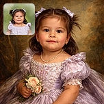 A cute toddler with adorable pigtails and white bows beams happily at the camera, dressed in a charming lavender checkered dress, set against a soft, blurred green background that makes her smile shine even brighter.