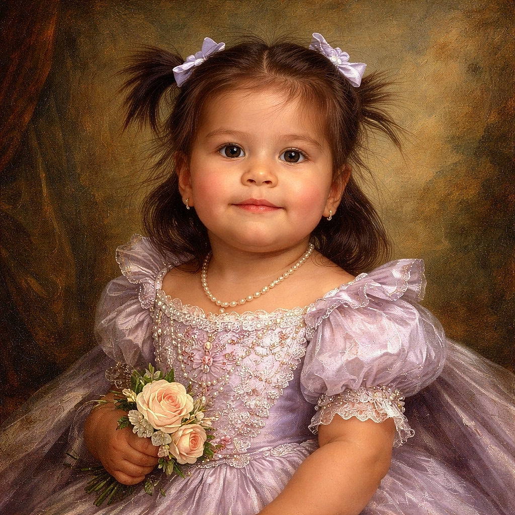 A cute toddler with adorable pigtails and white bows beams happily at the camera, dressed in a charming lavender checkered dress, set against a soft, blurred green background that makes her smile shine even brighter.
