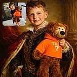 A cheerful young boy proudly holds a large teddy bear dressed in an orange Tennessee Volunteers hoodie, standing outside a building with glass doors and flags reflected behind him. He sports playful Star Wars themed shoes and a smile that hints at a recent snack adventure.