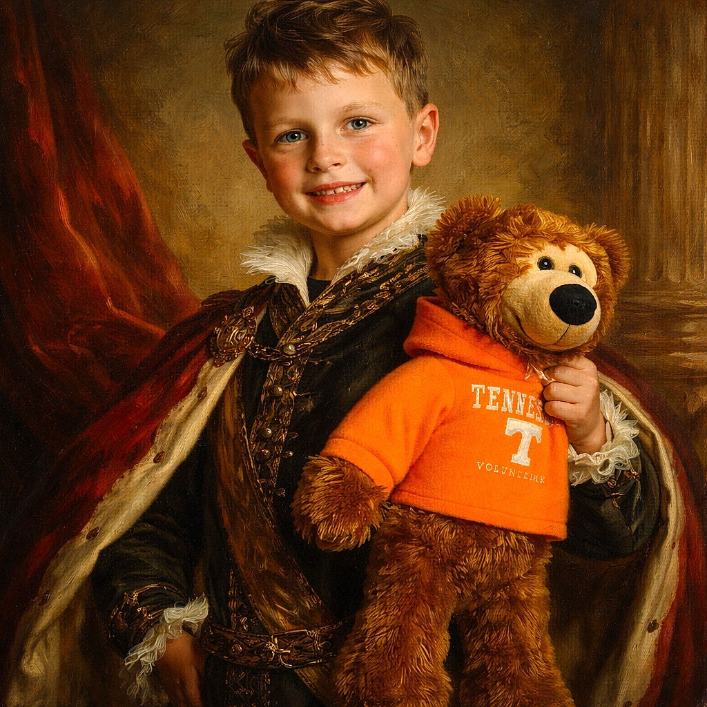 A cheerful young boy proudly holds a large teddy bear dressed in an orange Tennessee Volunteers hoodie, standing outside a building with glass doors and flags reflected behind him. He sports playful Star Wars themed shoes and a smile that hints at a recent snack adventure.