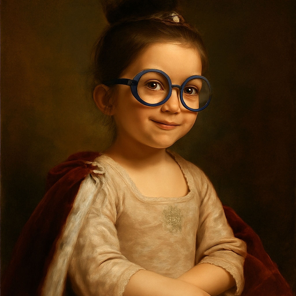 A playful child wearing oversized round glasses poses under a bunk bed with dim lighting, creating a cozy yet slightly grainy snapshot vibe.