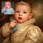 A wide-eyed baby clutching a blue pacifier with a surprised expression, dressed in a cozy light-colored onesie, sitting against a textured fabric background.