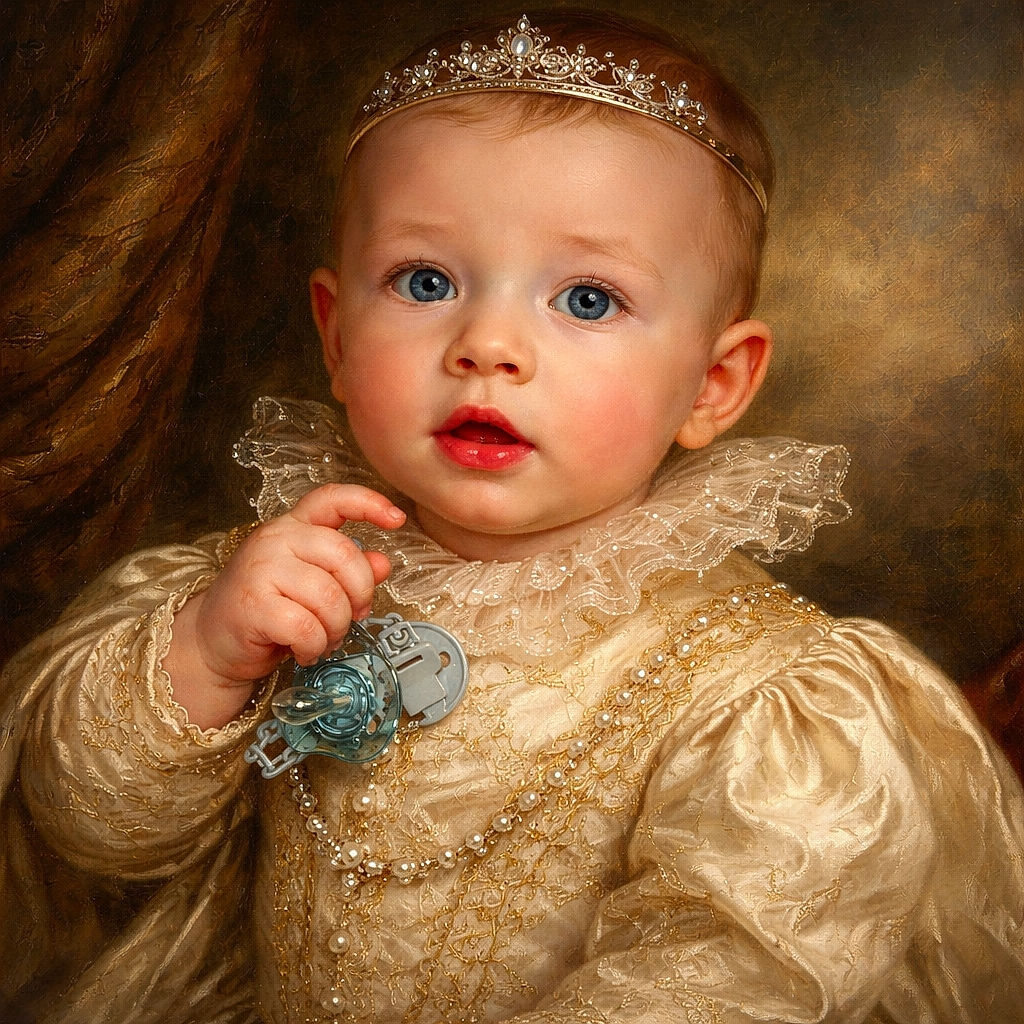 A wide-eyed baby clutching a blue pacifier with a surprised expression, dressed in a cozy light-colored onesie, sitting against a textured fabric background.