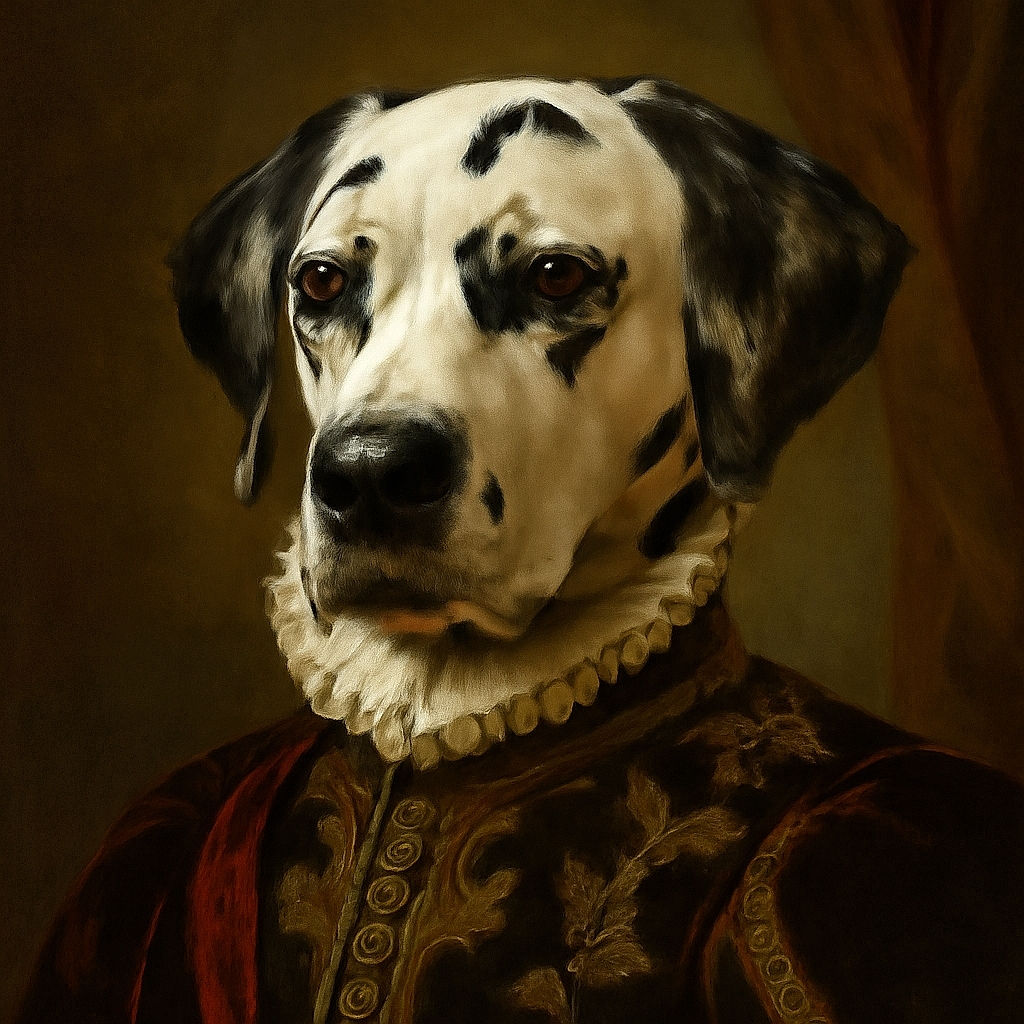 A Dalmatian dog with distinctive black spots and a serious expression sits indoors on a wooden floor, wearing a collar and looking directly at the camera as if waiting for a treat or a command.