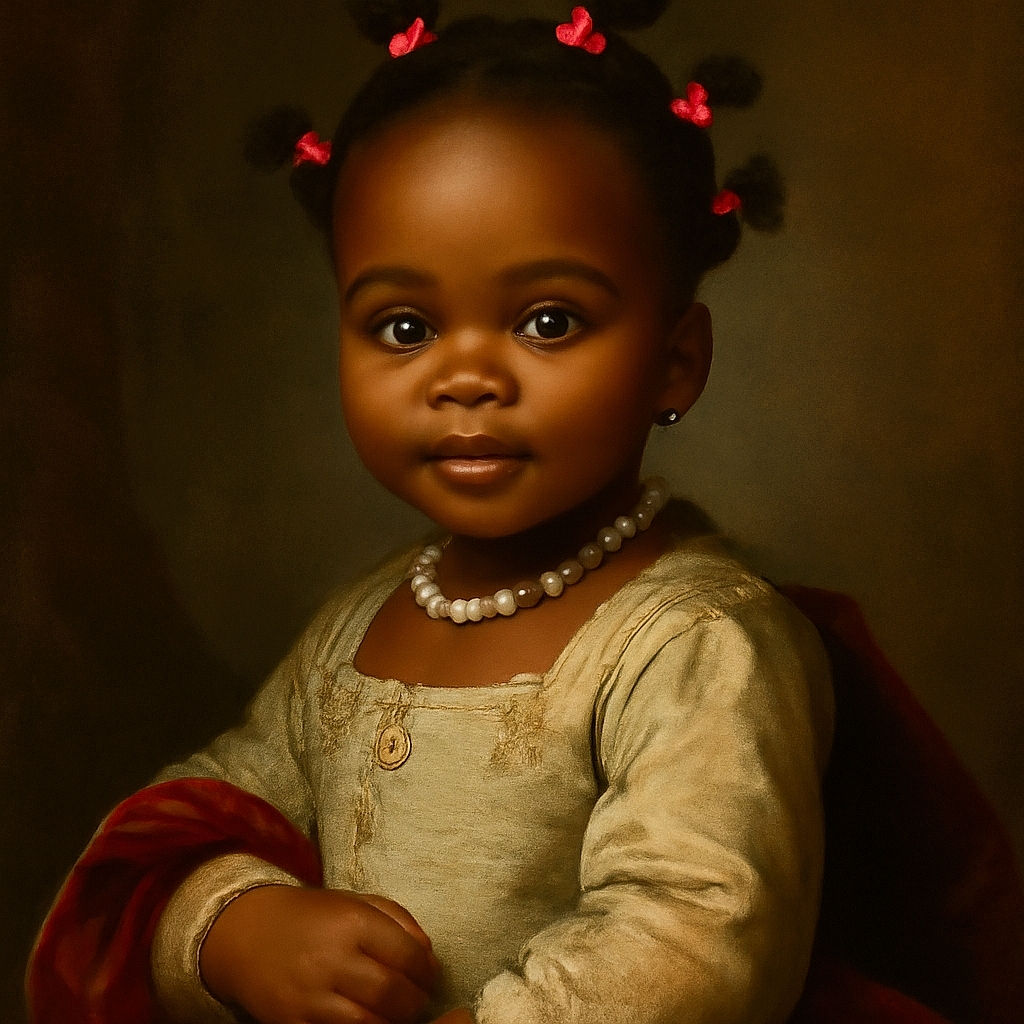 A curious baby with colorful hair ties is reaching towards the camera, making a playful face while sitting on someone's shoulder in a cozy living room.