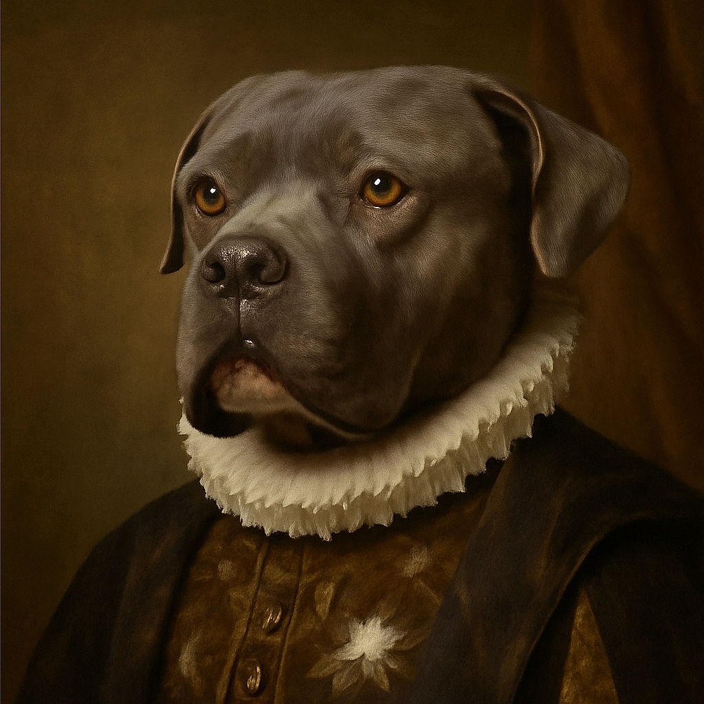 A serious-faced gray dog with striking yellow eyes stares intently at the camera while sitting on a green blanket in a cozy room with a TV and window blinds in the background.