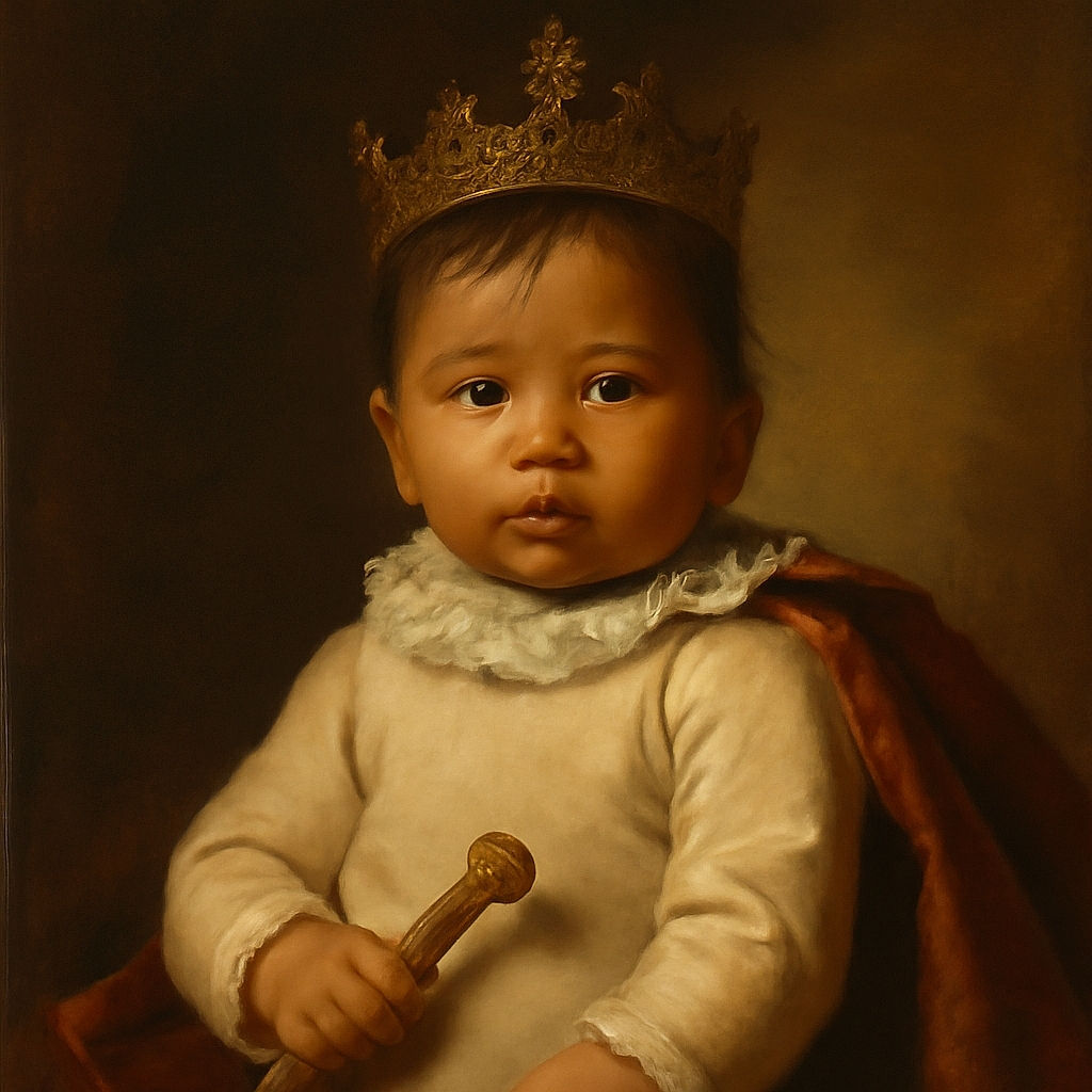 A curious baby with tousled hair lies on a patterned blanket, wearing a cute white shirt that says 'Making Waves' with little sharks swimming around. The baby's wide eyes and slightly open mouth give an adorable, inquisitive expression.