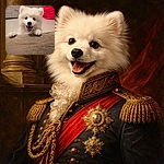 An ecstatic fluffy white puppy peers over a wooden table with a wide grin and tongue out, eyes sparkling like it just heard the word 'treat' — pure joy on four paws.