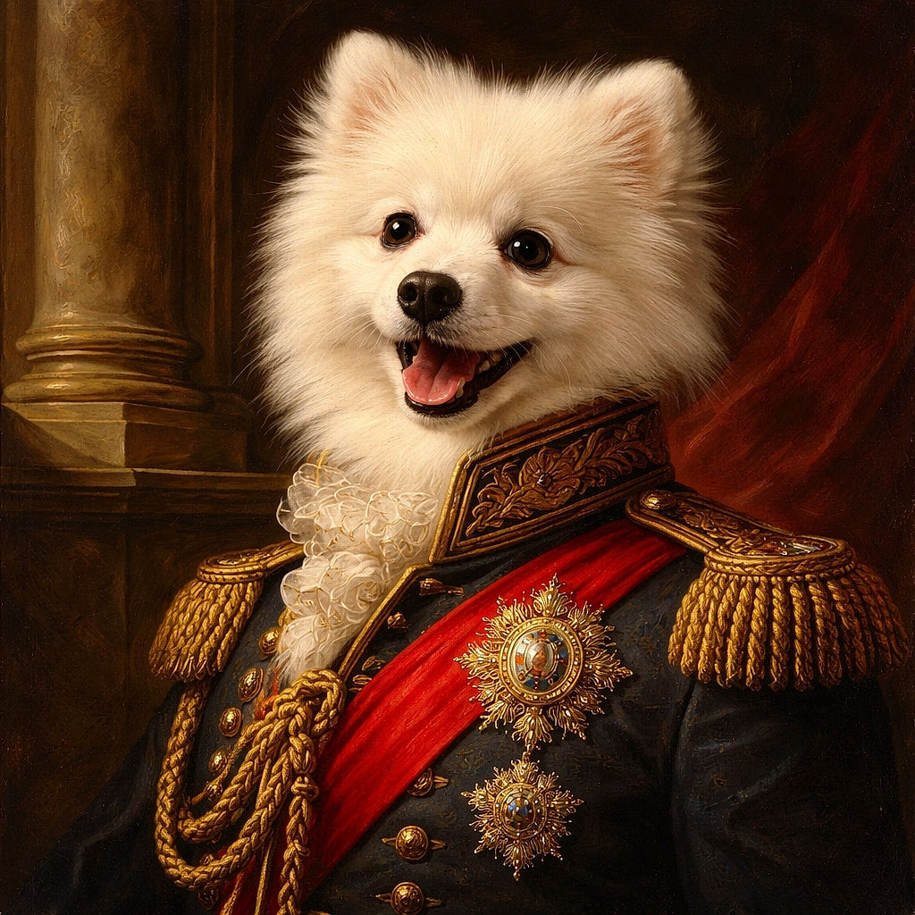 An ecstatic fluffy white puppy peers over a wooden table with a wide grin and tongue out, eyes sparkling like it just heard the word 'treat' — pure joy on four paws.