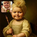 A smiling baby wearing a cream-colored headband with a large flower looks happily at the camera, reaching out towards a colorful flower-shaped toy on a patterned play mat. The photo is warm and charming, with soft lighting highlighting the baby's joyful expression.