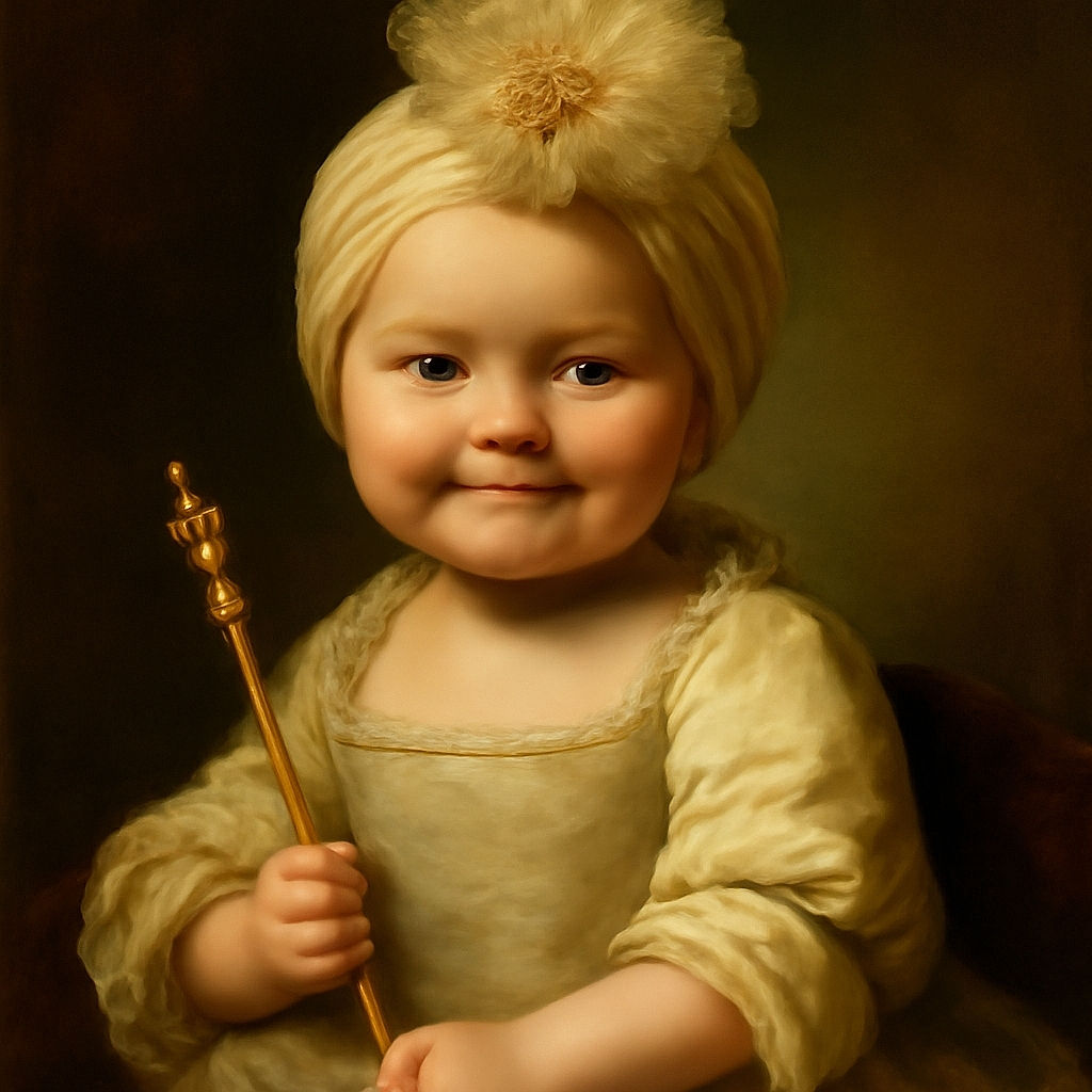 A smiling baby wearing a cream-colored headband with a large flower looks happily at the camera, reaching out towards a colorful flower-shaped toy on a patterned play mat. The photo is warm and charming, with soft lighting highlighting the baby's joyful expression.