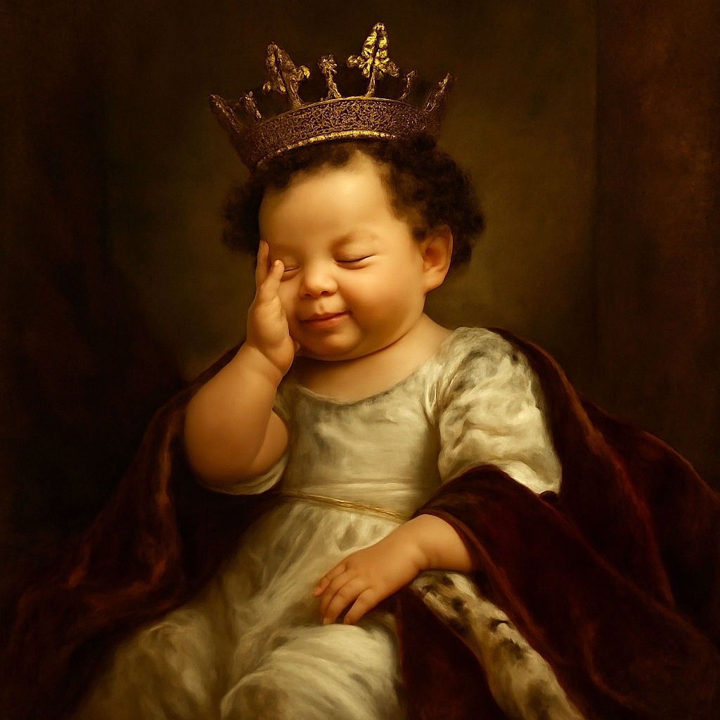 A peaceful baby with curly hair is sitting in a gray stroller, wearing a funny black shirt that says 'I was just supposed to be a backrub.' The baby has a relaxed expression with one hand gently touching their face, and the background shows a paved surface.