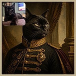 A sleek black cat lounges across a cushioned chair like a tiny furry landlord, extending one paw toward the camera while giving an impressively serious stare. A television, cabinet, and cozy indoor surroundings complete the relaxed living-room scene.