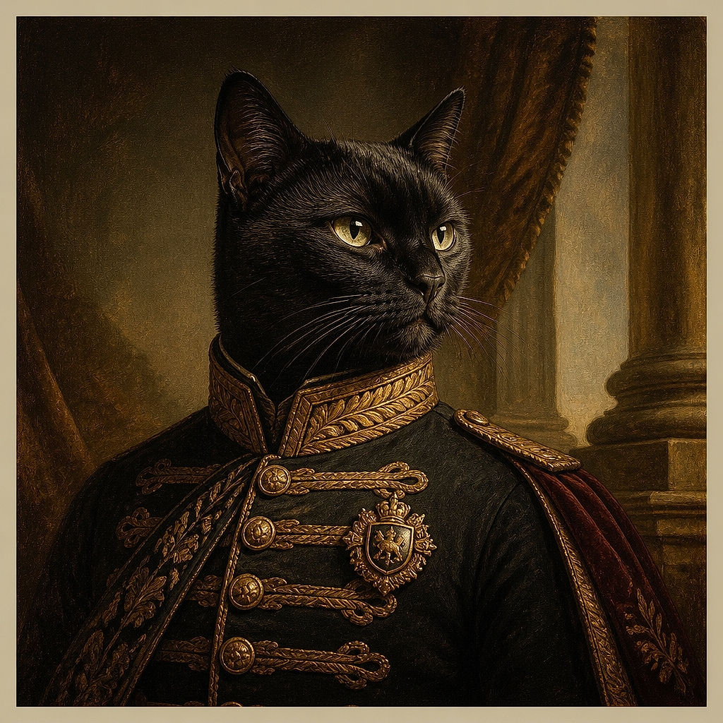 A sleek black cat lounges across a cushioned chair like a tiny furry landlord, extending one paw toward the camera while giving an impressively serious stare. A television, cabinet, and cozy indoor surroundings complete the relaxed living-room scene.