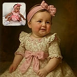 A joyful baby girl dressed in a floral outfit with a big pink bow and matching headband sits happily on a soft mattress, her tiny socks and bright smile lighting up the room.
