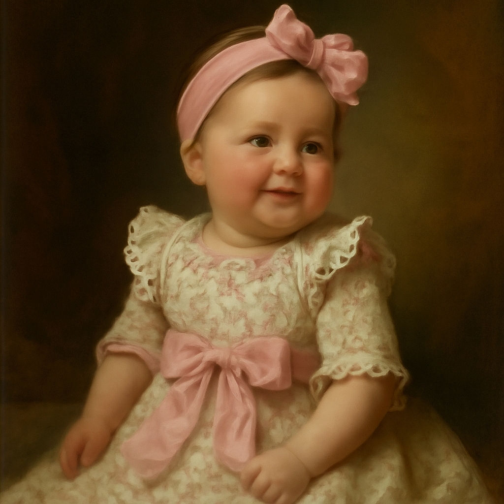 A joyful baby girl dressed in a floral outfit with a big pink bow and matching headband sits happily on a soft mattress, her tiny socks and bright smile lighting up the room.