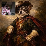 A cozy dog wrapped snugly in a white blanket adorned with red and pink lip prints, nestled among pillows on a couch in dim lighting, looking comfortable and warm.