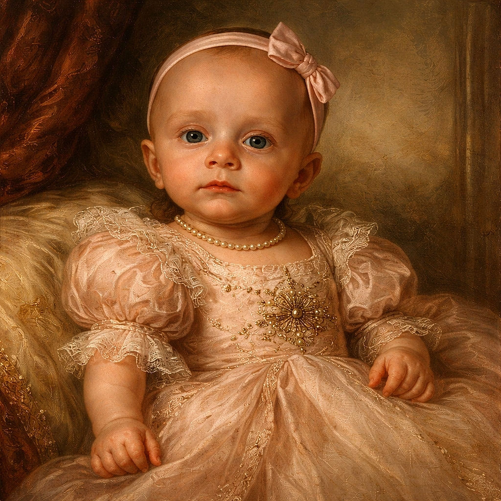 A serious-faced baby in a peach onesie with a giraffe design and matching headband lounges on a soft white blanket, looking like a tiny, contemplative royalty wrapped in cozy clouds.