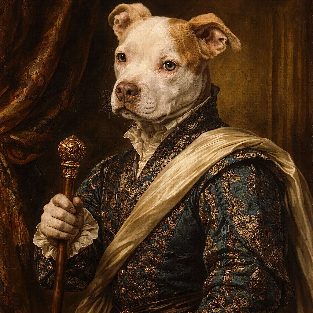 A curious pitbull peeks through a doorway like it's auditioning for 'Please Pet Me' — one ear flopped, soulful eyes upturned, nose inches from the camera, paws perched on vintage floral tile while a lone slipper looks on in silent judgment.