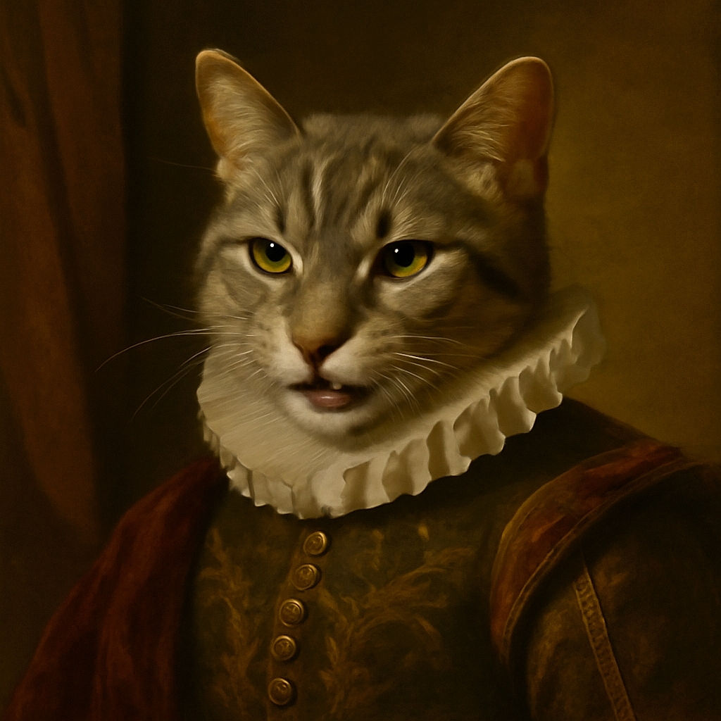 A close-up photo of a gray tabby cat with a slightly blurry focus, showing its face and ears prominently. The background appears to be a wooden floor, and the cat's expression is somewhat neutral or curious.