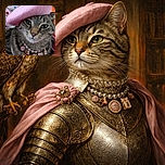 A regal tabby cat wearing a soft pink beret and an ornate pearl necklace with cute charms, staring serenely like it's ready for a fashion magazine cover shoot.