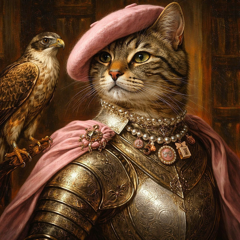 A regal tabby cat wearing a soft pink beret and an ornate pearl necklace with cute charms, staring serenely like it's ready for a fashion magazine cover shoot.