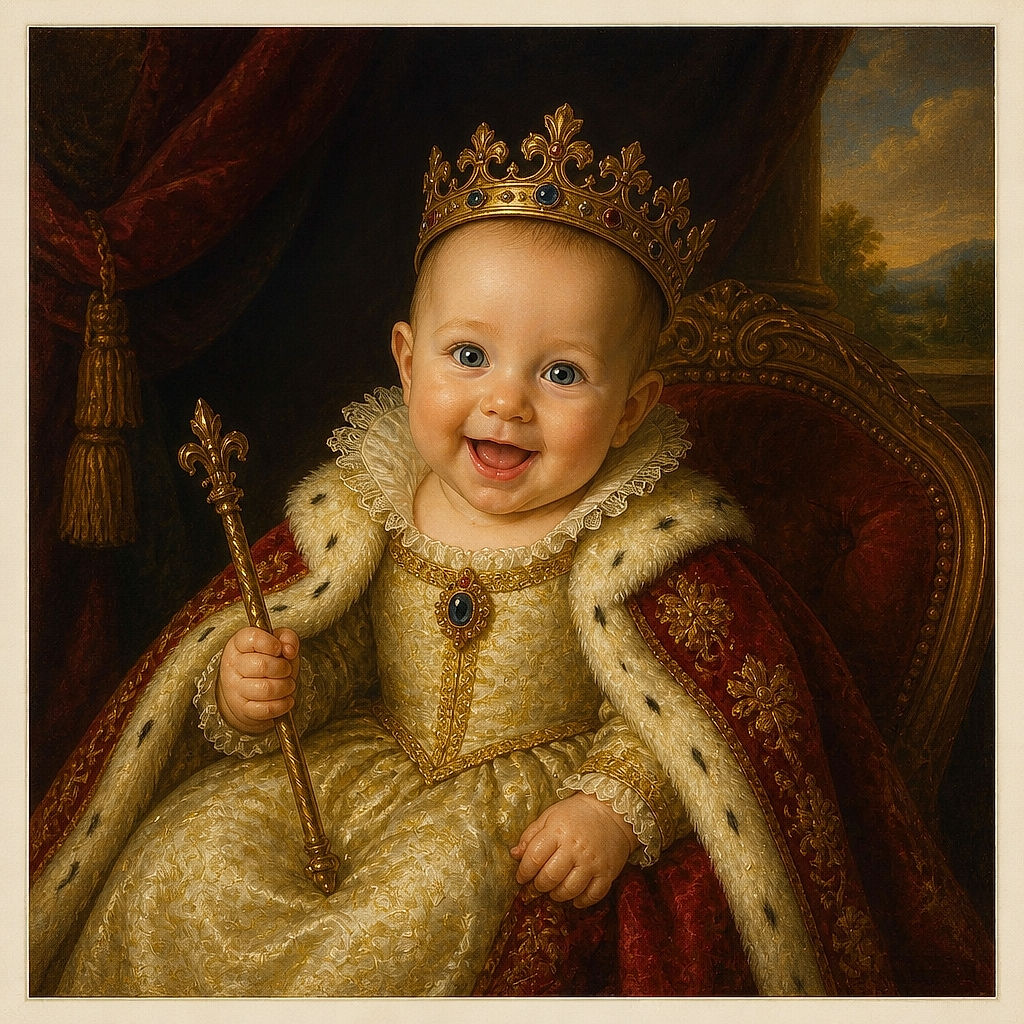 A delighted baby sits like a tiny patriotic fashion icon, grinning beneath an oversized flag-themed hat while their colorful outfit turns the couch into a miniature runway.