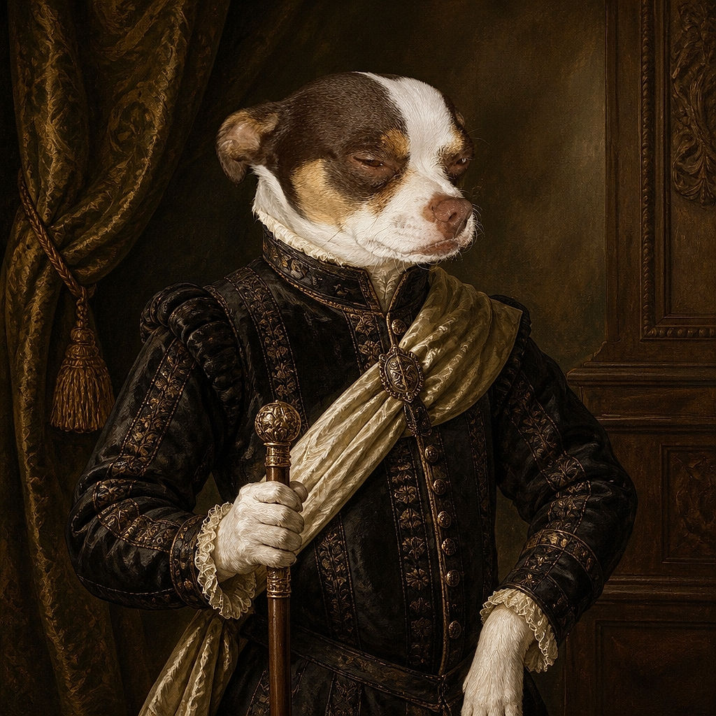 A tiny sleepy dog is bundled up in a dark hoodie, looking like it has just been promoted to the world’s most serious and overqualified canine burrito. A person holds the pup against a warm wooden background.