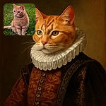 A charming orange tabby cat sits attentively on a lush green lawn, its fur glowing warmly in the natural light. The cat's serious expression and focused gaze make it look like it's plotting its next playful move or a grand adventure in the garden.