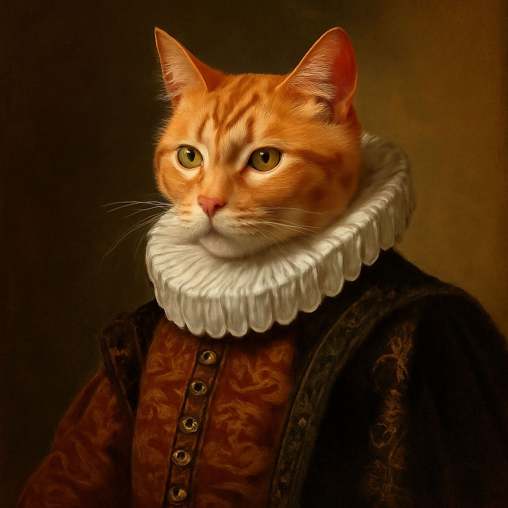 A charming orange tabby cat sits attentively on a lush green lawn, its fur glowing warmly in the natural light. The cat's serious expression and focused gaze make it look like it's plotting its next playful move or a grand adventure in the garden.