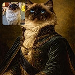 A fluffy, regal cat with mesmerizing bright blue eyes gazes upward with an air of majestic curiosity, sitting on a speckled floor surrounded by playful cat toys and a yellow litter box in a cozy indoor setting.