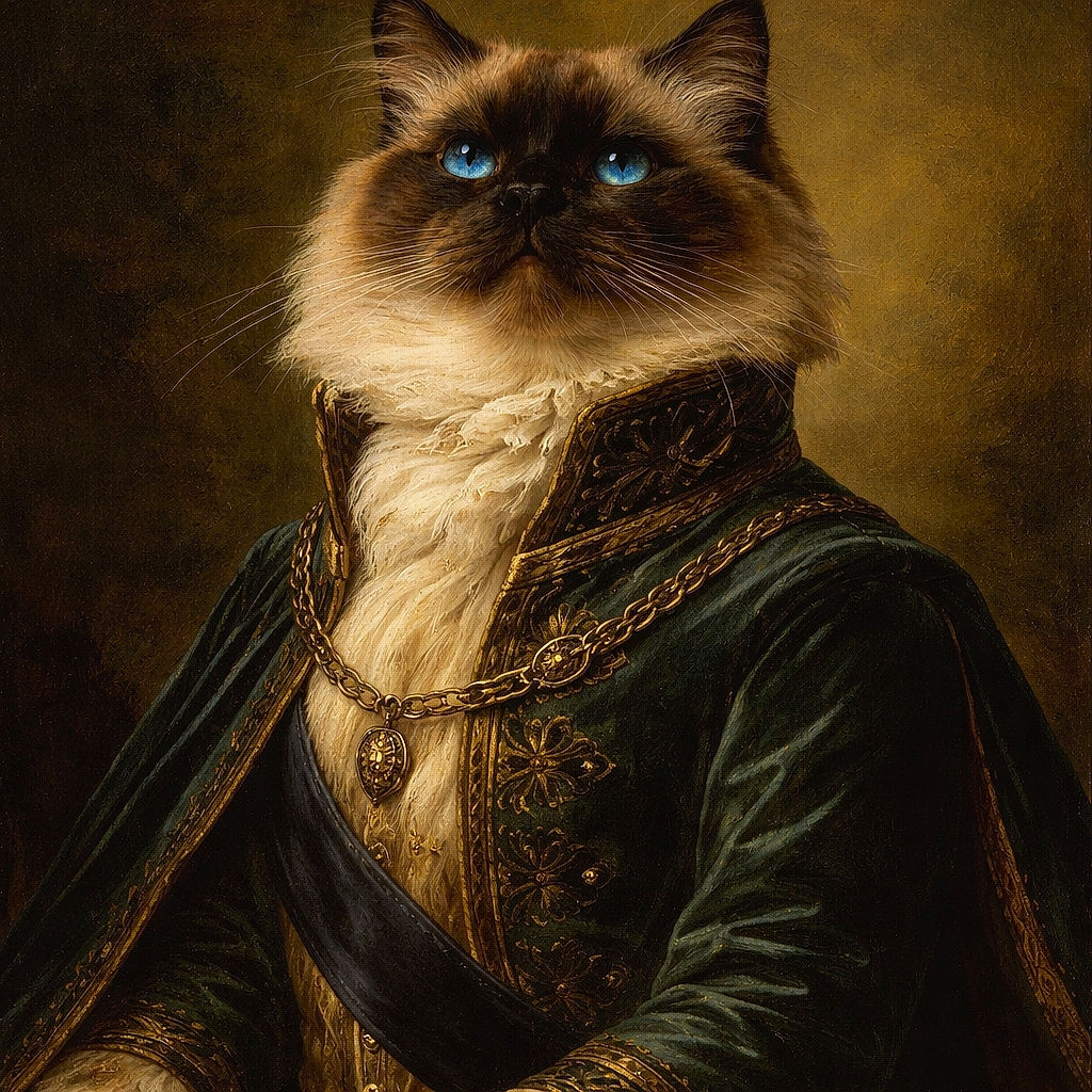 A fluffy, regal cat with mesmerizing bright blue eyes gazes upward with an air of majestic curiosity, sitting on a speckled floor surrounded by playful cat toys and a yellow litter box in a cozy indoor setting.