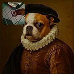 A small brown and white dog lies on a tiled floor looking back towards the camera with wide eyes, surrounded by household items including a green laundry basket and a gray container.