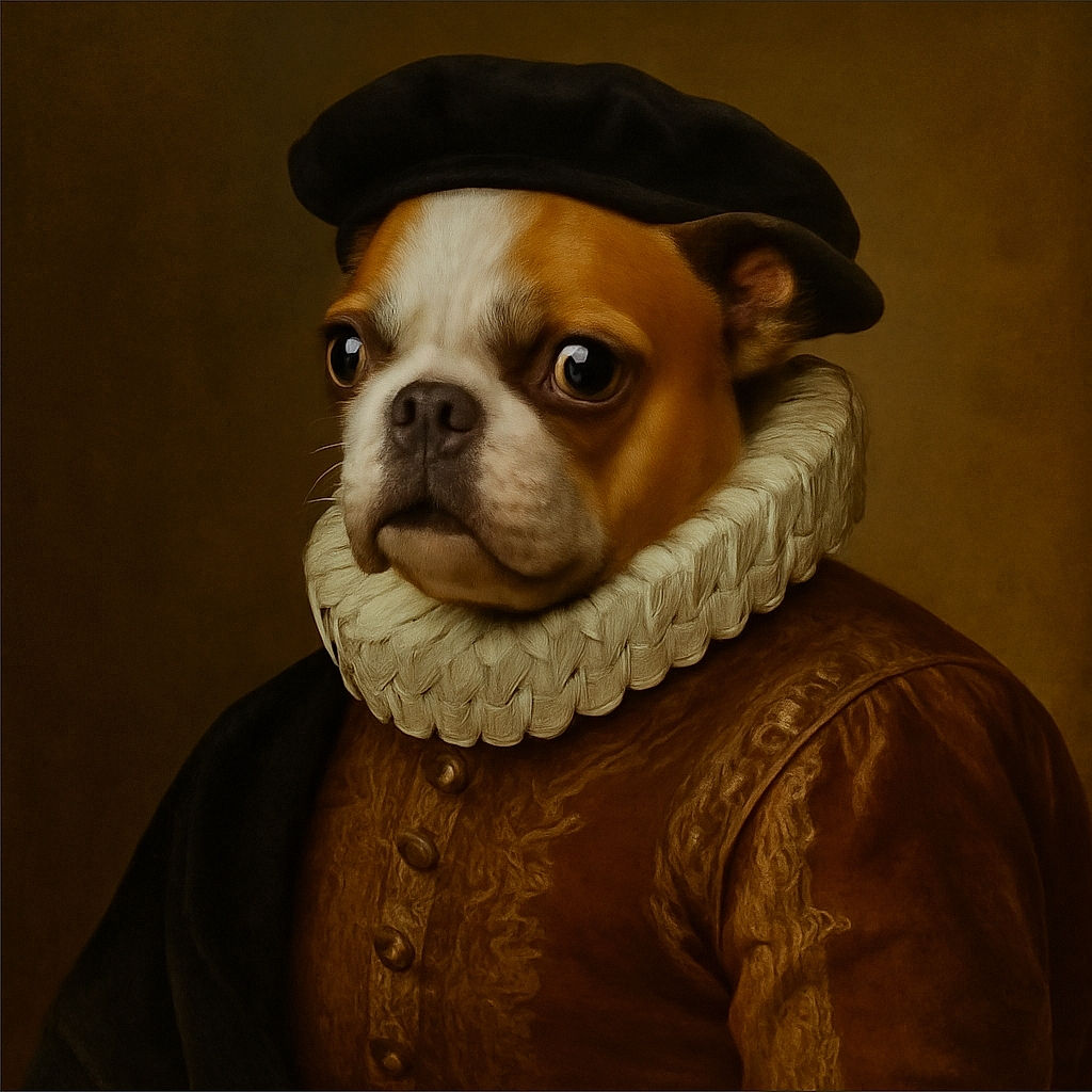 A small brown and white dog lies on a tiled floor looking back towards the camera with wide eyes, surrounded by household items including a green laundry basket and a gray container.