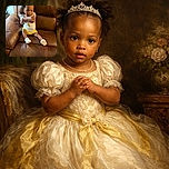 A cute toddler sits comfortably on a large brown leather chair, wearing a white shirt with an ice cream cone and yellow shorts, sporting a white bow in her hair and white shoes, looking curiously at the camera.