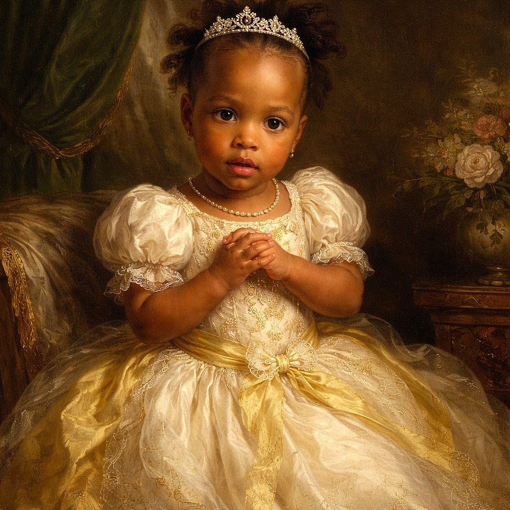 A cute toddler sits comfortably on a large brown leather chair, wearing a white shirt with an ice cream cone and yellow shorts, sporting a white bow in her hair and white shoes, looking curiously at the camera.