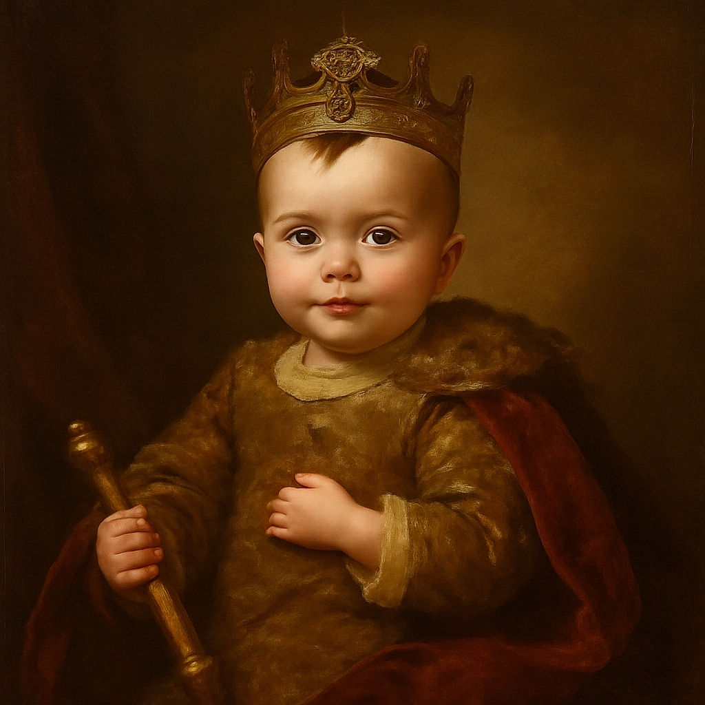 A wide-eyed baby lounges comfortably in a bear-patterned inflatable chair, clutching a matching bear-decorated cup, with a cozy wooden cabin backdrop adding warm vibes to this adorable moment.