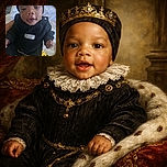 A close-up photo of a baby dressed in a black outfit with a matching hat, sitting on a white surface. The baby has an inquisitive expression with eyes slightly open and mouth parted. A yellow pacifier with a chain is visible near the baby's leg. The background is softly blurred, focusing attention on the baby's face and clothing details.