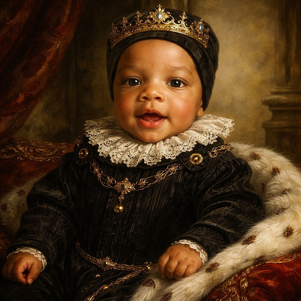 A close-up photo of a baby dressed in a black outfit with a matching hat, sitting on a white surface. The baby has an inquisitive expression with eyes slightly open and mouth parted. A yellow pacifier with a chain is visible near the baby's leg. The background is softly blurred, focusing attention on the baby's face and clothing details.